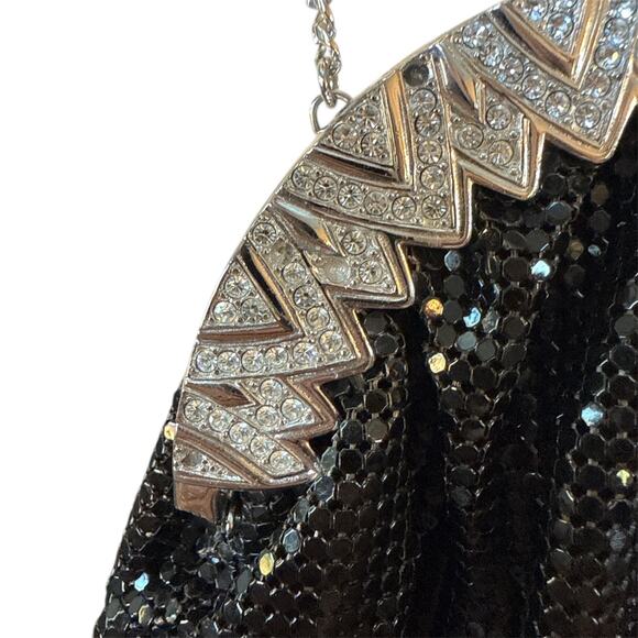 VTG Whiting & Davis Black Mesh Evening Purse Swarovski Crystal Clasp 6.5" Bag - Picture 8 of 9